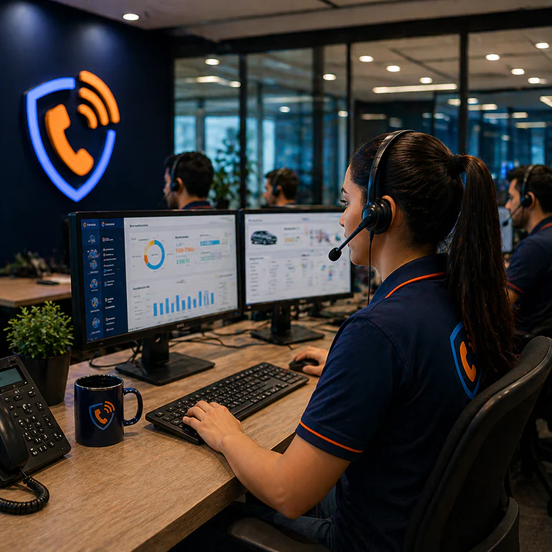Equipe profissional em ambiente corporativo de atendimento e operação
